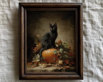 Vintage Black Cat Halloween Painting, Gothic Fall Floral Pumpkin Printable Wall Art, Witchy Autumn Dark Academia Decor, Halloween Printable