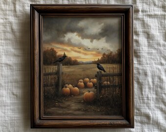 Moody Pumpkin Patch Painting, Vintage Thanksgiving Pumpkin Field Painting,  Autumn Farmhouse Decor, Fall Halloween Pumkin Field Artwork