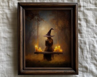 Cozy Witch On Wooden Swing Painting, Cute Dark Fantasy Victorian Witchy Wall Art, Moody Gothic Printable Candlelit Halloween Wall Art Print