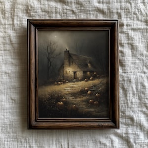 Moody Cottagecore Pumpkin Patch Painting, Antique Autumn Landscape Print, Vintage Halloween Country Landscape Print | Digital Download R9470