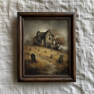Medieval Haunted House Painting, Vintage Moody Graveyard Halloween Print, Gothic Autumn Country Landscape Wall Art | Digital Download R8930