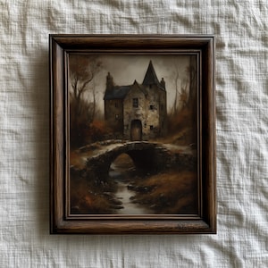 Moody Autumn Gatehouse Painting, Vintage Haunted House Halloween Print, Dark Academia Cottagecore Rustic Wall Print | Digital Download C949