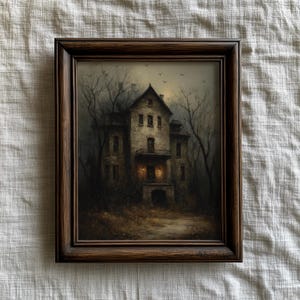 Gothic Moody Vintage Mansion Lanscape Painting, Rustic Haunted House Halloween Print, Dark Muted Landscape Painting | Digital Download C979