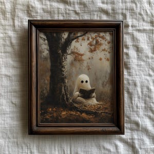 May include: A framed print depicts a ghost reading a book under a tree. The artwork features a brown wooden frame, a white ghost with black eyes, and a tree with autumn leaves. The color palette is muted with brown and beige tones.