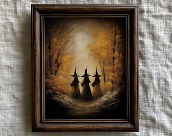 Halloween Autumn Witch Print, Summerween Witchy Halloween Wall Art, Moody Fall Landscape Dark Cottagecore Printable Art, Three Witches Print