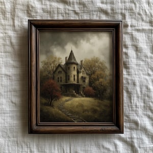 Victorian Mansion Autumn Landscape Painting, Vintage Haunted House Halloween Print, Dark Muted Landscape Painting | Digital Download R9284