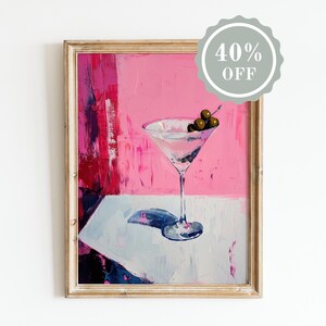 Różowy Martini Art Print Minimalistyczny Wall Art Bar Cart Art | Koktajl Art Print Alkohol Print Pink College | Wystrój Apartamentu Estetyczny Malarstwo