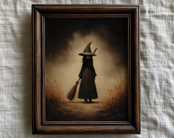 Haunting Dark Fantasy Witch Illustration, Cute Moody Gothic Misty Landscape Print, Vintage Victorian Witch Oil Painting, Digital Download