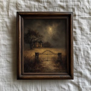 Rustic Haunted Estate Beyond Iron Gates, Vintage Haunted House Halloween Print, Dark Cottagecore, Moody Landscape | Digital Download R9280