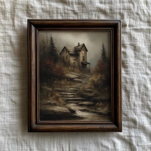Sunken Mansion Autumn Cottage Painting, Vintage Haunted House Halloween Print, Dark Academia, Gothic Autumn Decor | Digital Download F949