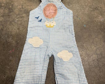 Vintage Blue Gingham Baby Overalls Hot Air Balloon Appliqué