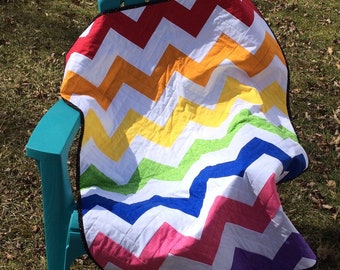 Rainbow Chevron Quilt Baby-Lap-Throw Quilt-red, orange, yellow, green, blue, purple, pink and white blanket