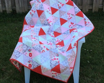 Triangle Baby Quilt-Floral Baby Quilt-Red pink teal baby quilt