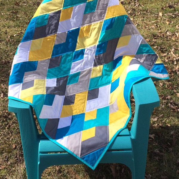 Teal, blue, yellow, gray, white baby quilt-Boomerang Quilt-Diamond baby blanket