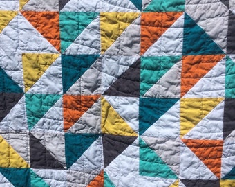 Triangle quilt-baby quilt-half square triangle baby blanket-Orange yellow teal gray baby blanket