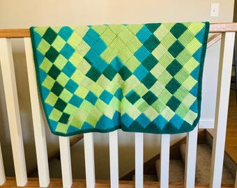 Blocks of green crochet blanket-baby blanket-lap blanket-knit baby blanket
