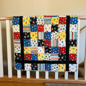 Construction Squares Quilt-blue, black, yellow, red, white Baby Quilt-Lap Quilt