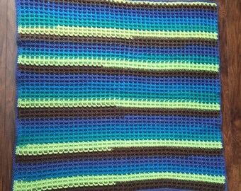 Brown, green, blue baby blanket-Crocheted Waffle Textured Blanket-lap blanket
