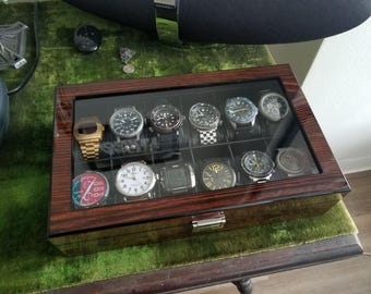 12-Slot Wooden Watch Box, Glass Display Lid, Piano Finish