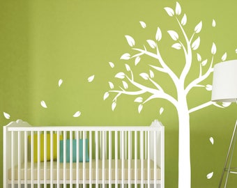 Tree and blowing leaves vinyl wall decal set, Nursery Room Tree Decal, Kids Room Tree Wall Decal, Tree and leaves wall sticker set