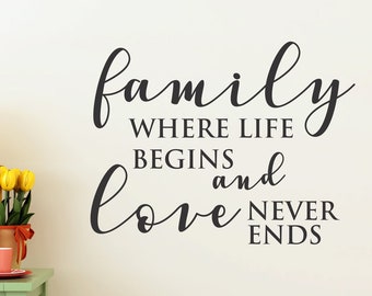 Family Wall Quote Decal - Family where life begins and love never ends wall sticker - love wall quote - where love never ends wall decals