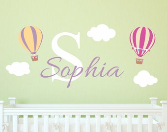 Colorful Hot Air Balloon and Kids Name Wall Decals, Removable Reusable Hot Air Balloon Wall Cling, Nursery Hot Air Balloon Decals