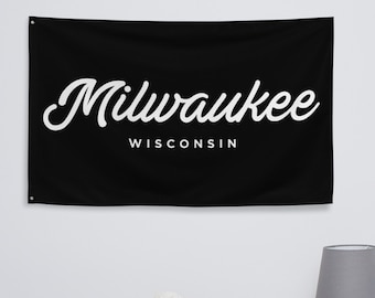 Bandera de Milwaukee Wisconsin, Bandera chic de la ciudad y del estado, Signo de la ciudad natal, Muro de la cueva del hombre, Bandera del estado de la ciudad