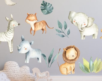 Jungle Safari Animals Watercolor Wall Decal, Watercolor Wall Sticker, Nursery Mural, Lion, Elephant Wall Decal, Peel and Stick Jungle Decal