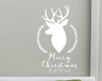 Merry Christmas Deer and Wreath Wall Decal, Holiday Deer Wreath Vinyl Decal, Christmas Deer Decal