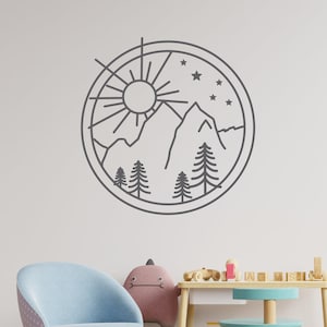 Adventure Mountain Scene Decal, Chic Mountains Wall Decal, Kids Mountain Decals, Mountain Line Art