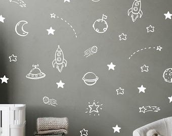 Space Wall Decal Set for Kids | Outer Space Themed Wall Stickers | Astronaut, Rocket, Planet, and Star Vinyl Decals
