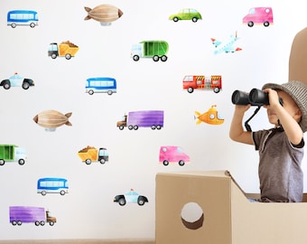 Vignettes murales pour véhicules pour enfants | Autocollants muraux de véhicules aquarelles | Vignette murale pour voitures de chambre pour garçons | Petits autocollants muraux de construction