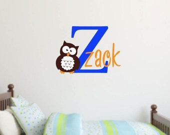 Owl with Child's Name Monogram Vinyl Wall Decal - Owl and Child's Name Wall Decal - Nursery Vinyl Wall Decal - Child's Room Wall Decal