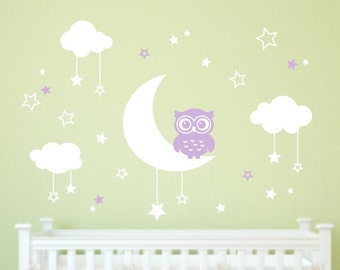 Nursery Wall Decals- Owl Wall Decal - Kids Room Decal - Moon and Stars Decal - Nursery Room Decor - Owl and Moon Wall decal - Moon Decal