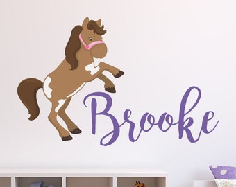 Horse and Kids Name Vinyl Wall Decal, Personalized Kids Name Horse Decals, Nursery Horse Vinyl Wall Cling