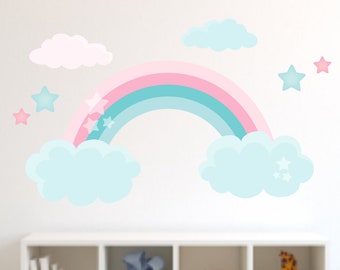 Girls Room Rainbow Wall Decal, Rainbow clouds and stars custom wall graphic, Rainbow Decals