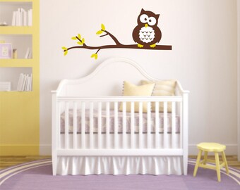 Nursery Owl on Branch Wall Decal, Owl and Branch Wall Sticker, Owl Wall Decor