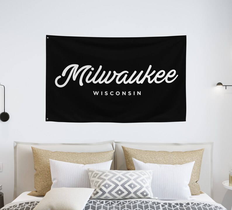 Milwaukee Wisconsin Flag, Chic City and State Flag, Hometown Sign, Man Cave Wall, City State Flag image 2