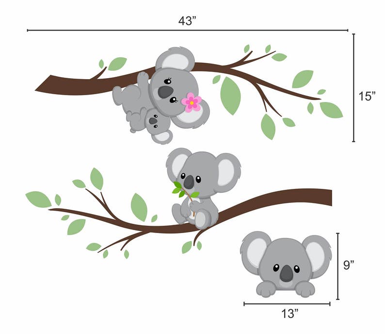 Koala Bear Wall Decals Reusable Removable Forest Tree Branch Animal ...