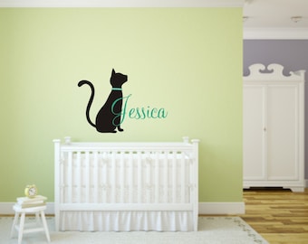 Sillhouette Cat with Child's Name Vinyl Wall Decal - Cat Vinyl Wall Decal - Name Personalized Cat Wall Decal - Cat Silhouette Decal