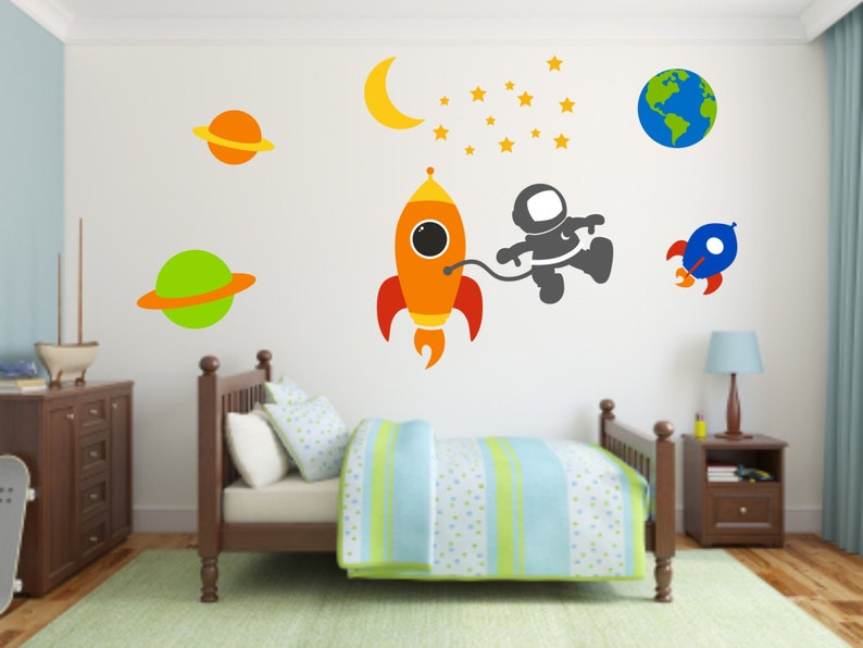 Space Scene Wall Decal Set Planets and Space Wall Sticker Set Astronaut Space Wall Decals Outer Space Wall Decals
