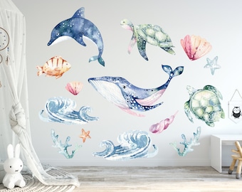 Ocean Wall Decal for kids room, OCEAN Life with whale, fishes, octopus, turtles, corals, Nursery Ocean Wall Decor, Stick On Wall Decals
