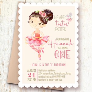 Ballerina Einladung zum ersten Geburtstag - Tutu Cute Girl Party einladen - Bearbeitbarer digitaler Download - Rosa Ballett-Thema - Corjl-Vorlage