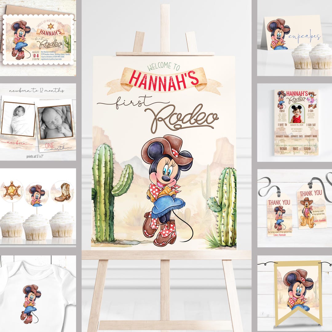 Minnie Mouse First Rodeo Birthday Party Decor • Editable Corjl (digital ...