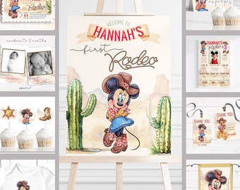 May include: A collection of rodeo-themed party decorations featuring a cartoon mouse character. The decorations include a welcome sign, invitations, cupcake toppers, and a banner. The sign reads "Welcome to Hannah's First Rodeo."
