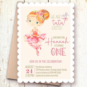 Ballerina Einladung zum ersten Geburtstag - Tutu Cute Girl Party einladen - Bearbeitbarer digitaler Download - Rosa Ballett-Thema - Corjl-Vorlage