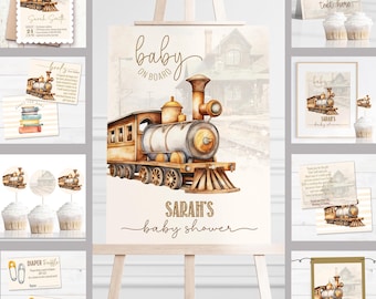 Baby Shower Party Decor BUNDLE • Vintage Train Baby Shower Invitation • Baby on Board Train Theme Shower • Editable Corjl Template