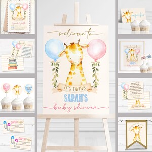 Baby Shower Party Decor BUNDLE • Zwillinge Babyparty Einladung • Giraffe Babyparty für Mädchen Jungen • Bearbeitbare Corjl-Vorlage Laden Geschwister ein