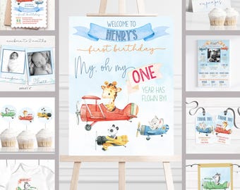Airplane 1st Birthday Party Bundle – Editable Animal Theme (Digital Download)