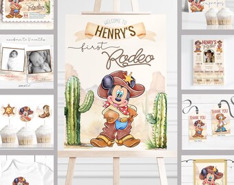 May include: A themed party decoration set featuring a cowboy motif. The main element is a sign with the text "Welcome to Henry's First Rodeo" and a cartoon of Mickey Mouse dressed as a cowboy. Includes invitations, cupcake decorations, and a banner.